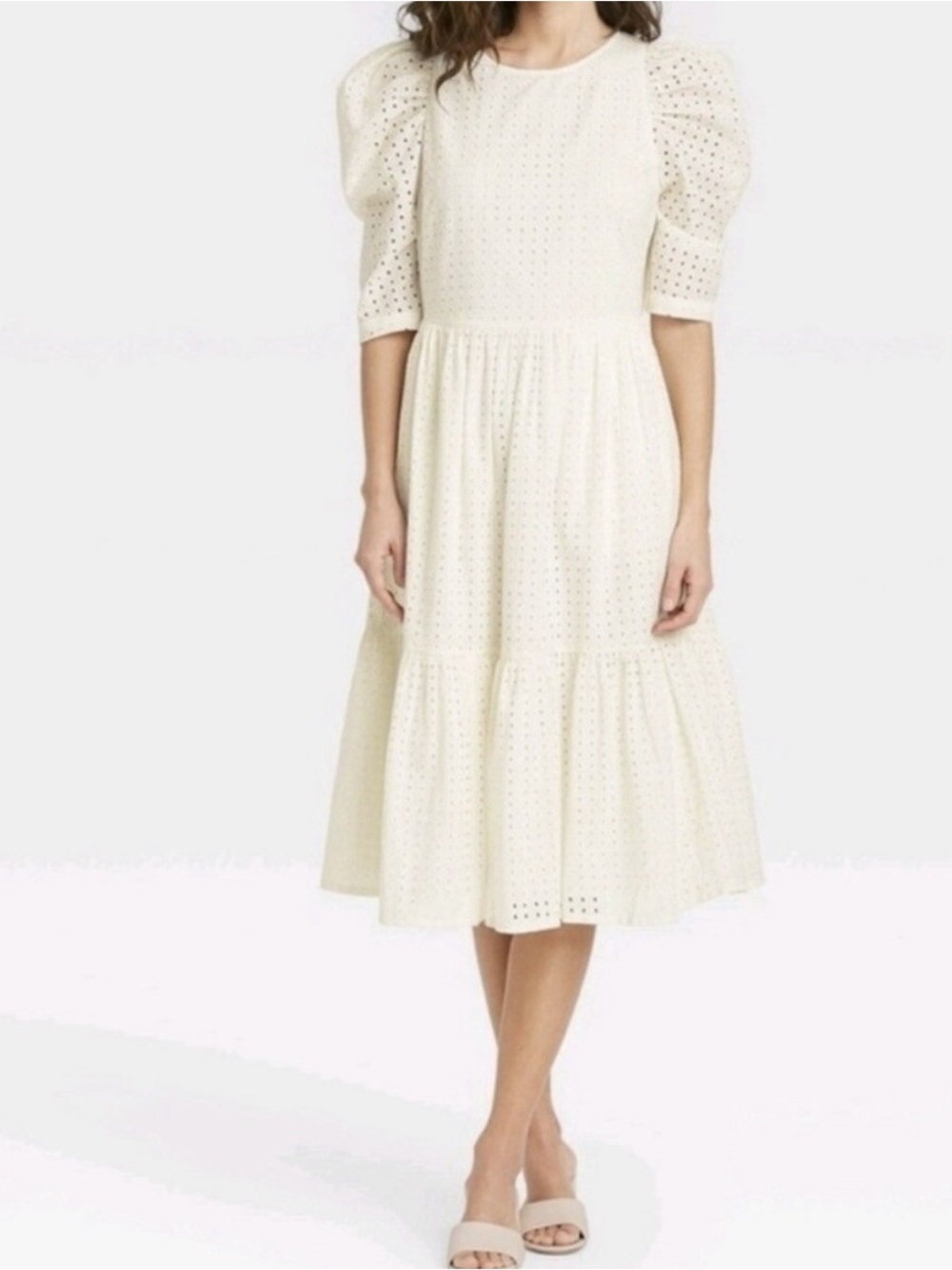 A New Day 100% Cotton Eyelet Cottagecore Midi Dress Puff Half Sleeves Off-White - Picture 2 of 12